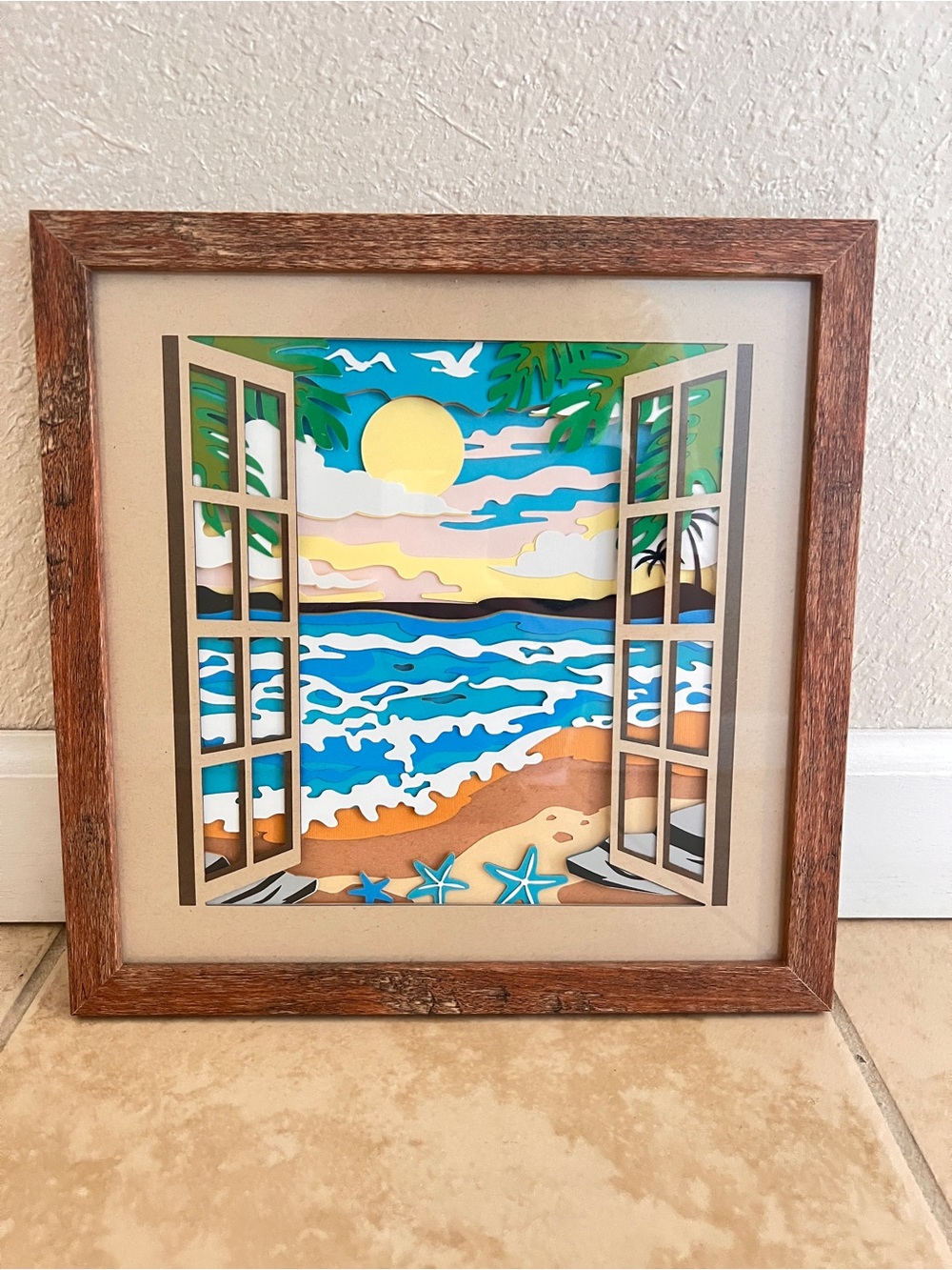 Beach Window Ocean View 16 Layer Paper Wall Art w/ Real Wooden Frame